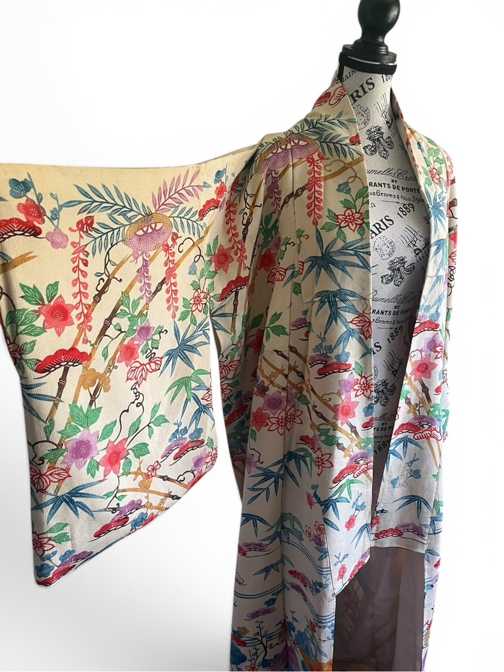 Vintage Japanese Silk Crepe Kimono Robe Floral Bamboo Long Duster Handmade